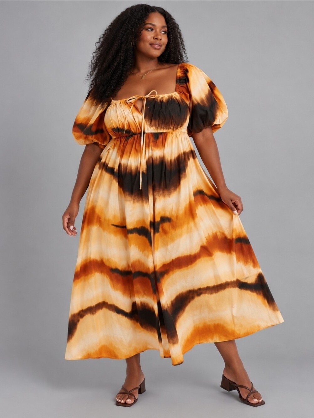 ASOS Curve Midi Dress Womens Size 26 Orange Abstract Print Puff Sleeve NWT Smock